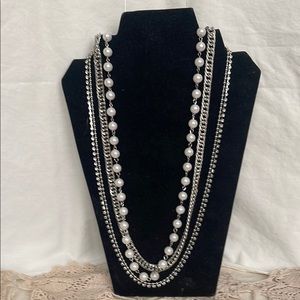Elegant Silver and White Pearl Layered Necklace